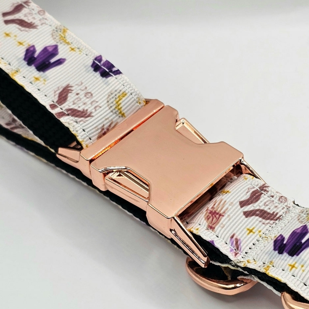 Mystical Crystals Nylon Dog Collar With Rose Gold Buckle- Halloween Dog Collar